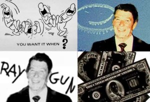 The skywriting episode was later incorporated into the  Ronald Reagan - Grin and Bear It multi-media installation